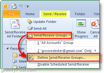 Az Outlook 2010 képernyőképe - csoportok küldése és fogadása - csoportok meghatározása