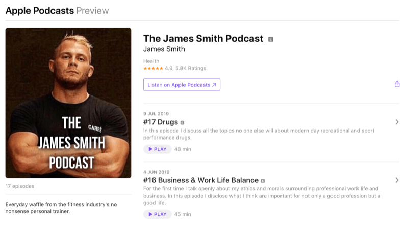 Közösségi média marketing stratégia; Pillanatkép James Smith podcastjáról az Apple Podcasts-on. James a fitnesz tér ismert befolyásolója.