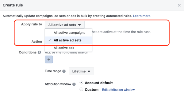 Használja a Facebook automatizált szabályait, állítsa le a hirdetéskészletet, ha a költség kétszerese a költségnek és kevesebb, mint 1 vásárlás, az 1. lépés alkalmazza az összes hirdetéskészletet
