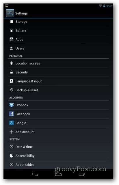 Nexus 7 felhasználói fiókok - felhasználói beállítások