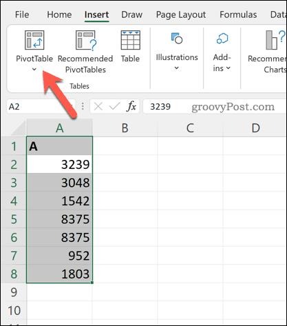 Pivot tábla beszúrása Excelbe