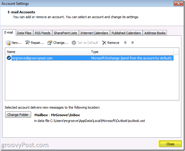 Az Outlook 2010 képernyőképe bezárás gomb a fiókmegtakarítások mentéséhez