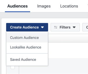 Egyéni közönség, Lookalike közönség vagy mentett közönség létrehozásának lehetősége a Facebookon.