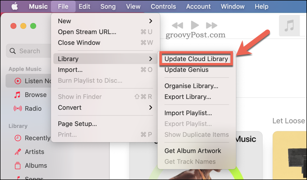 Az Apple Music felhőgyűjtemény frissítése a Mac Music alkalmazásban