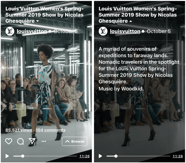 Példa a Louis Vuitton IGTV show-jára a 2019-es női tavaszi-nyári divatbemutatójukra.