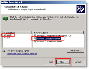 Windows hardver hozzáadása varázsló: Add Loopback Network Adapter