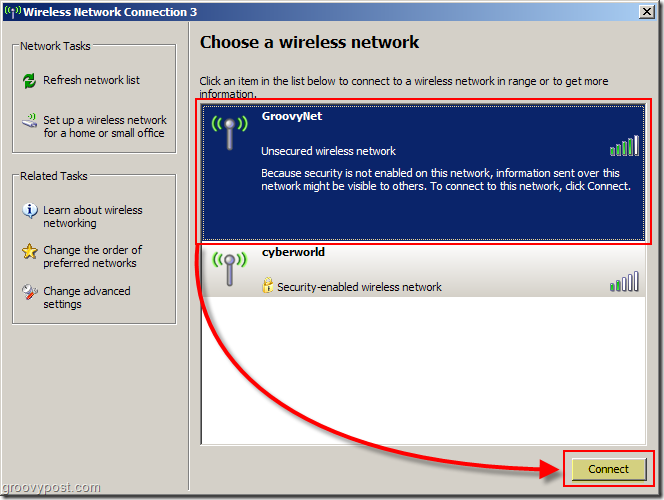 A Windows XP menüje a Vezeték nélküli hálózat kiválasztása képernyőképezés:: groovyPost.com