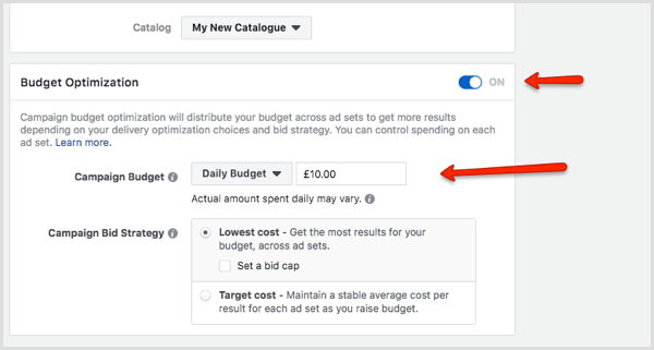 Költségkeret-optimalizálás szakasz a Facebook Ads Manager-ben