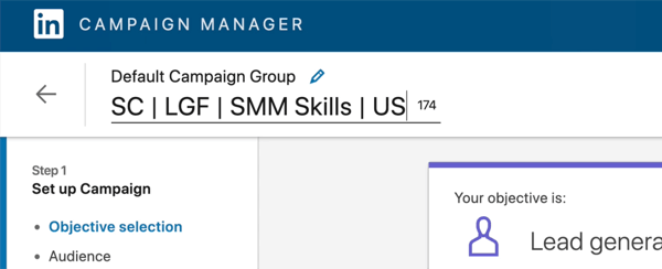 a LinkedIn kampány nevének képernyőképe szerkesztve: „SC | LGF | SMM készségek | MINKET'