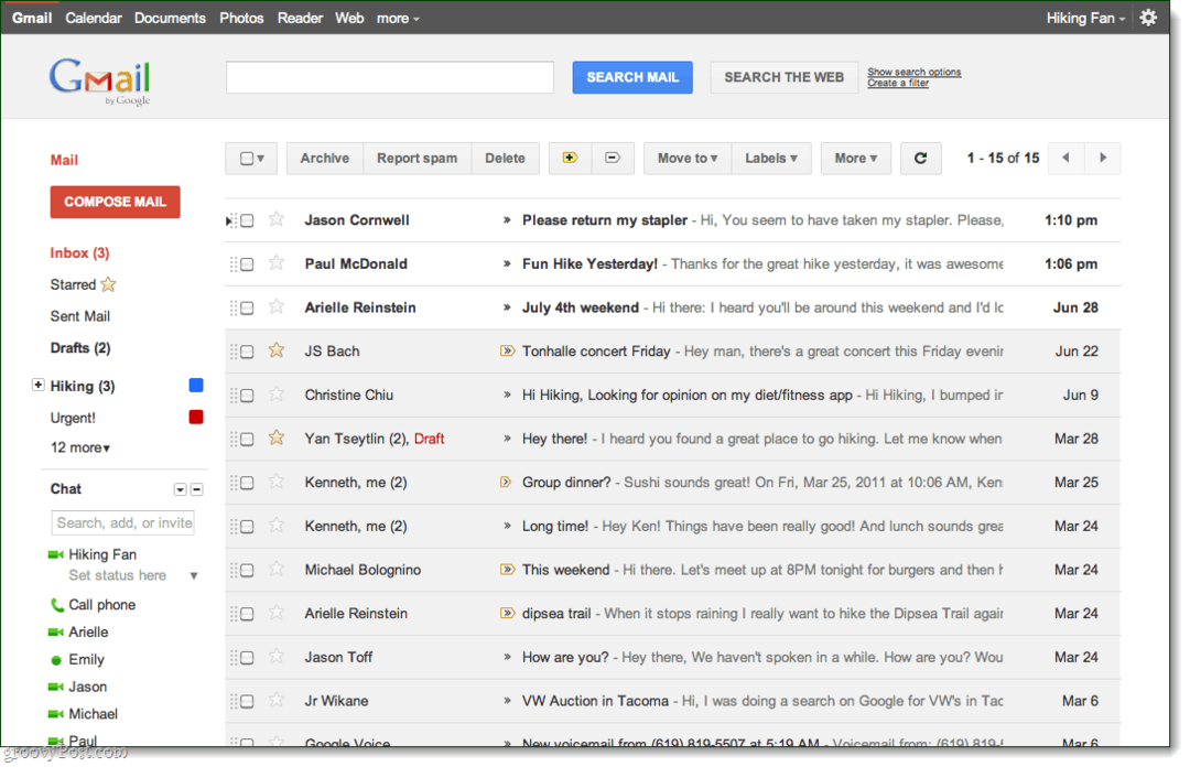 Gmail beérkező levelek nézete, előnézeti téma