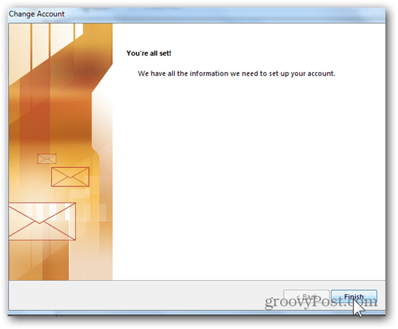 Új postafiók hozzáadása az Outlook 2013 programhoz - Kattintson a Befejezés gombra