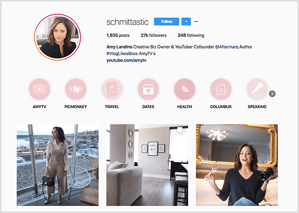 Amy Landino Instagram-profilja a schmittastic nyelvet használja. Instagram-profilja kiemeli az AmyTV, a Picmonkey, az utazás, az időpontok, az egészségügy, a Columbus és a beszéd kategóriákat. A képek Amy képeit mutatják.