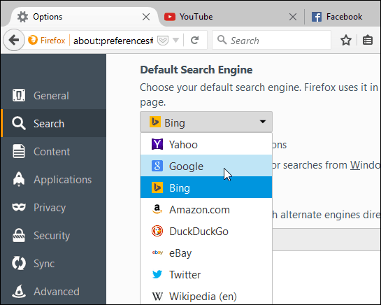 állítsa be a Search Engine Firefox-ot