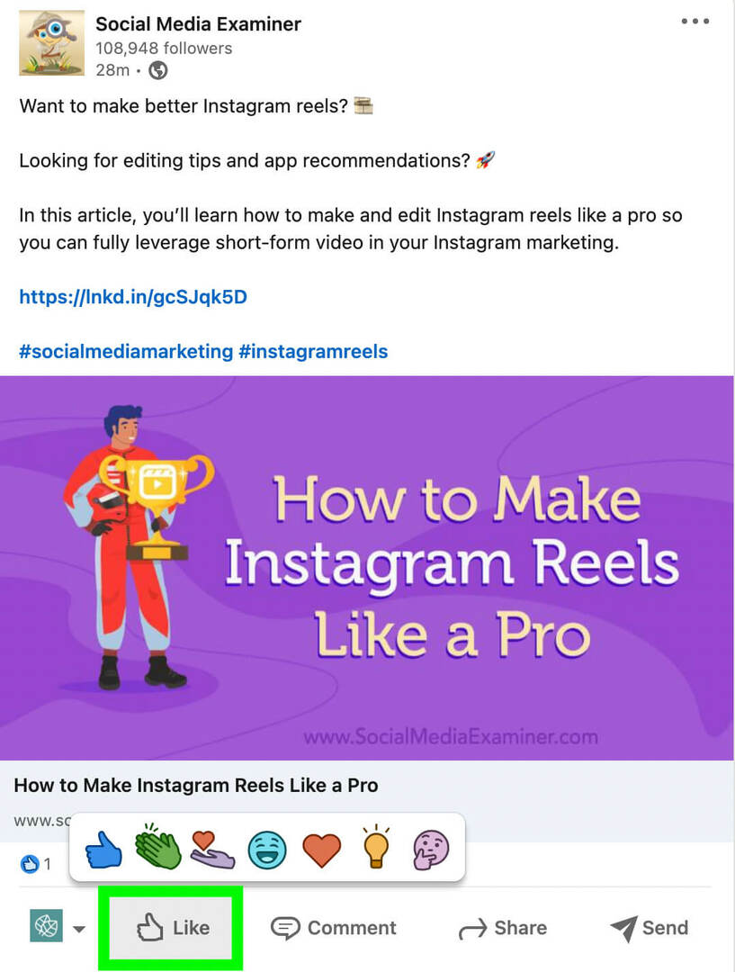 linkedin-company-page-engagement-features-how-to-reagald-to-content-as-page-like-button-social-media-examiner-2. lépés