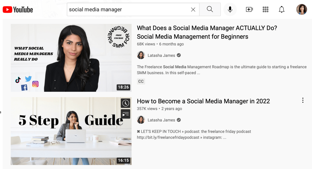 kép a YouTube keresési eredményeiről a " social media manager" kifejezésre