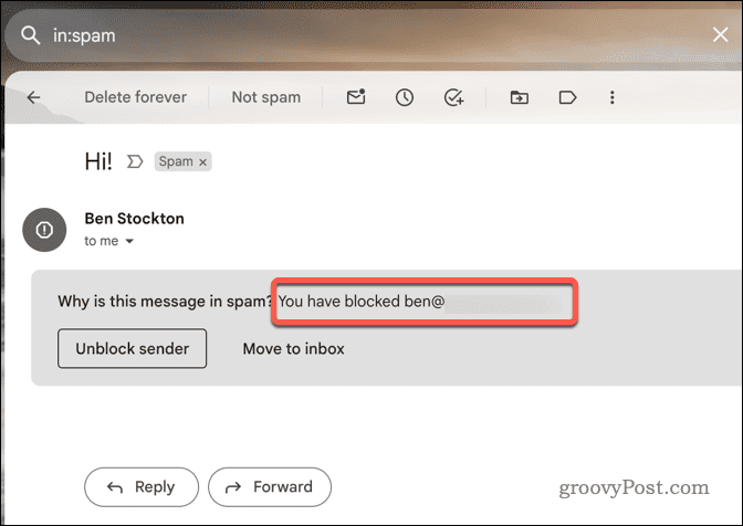 Példa egy blokkolt e-mailre a Gmailben