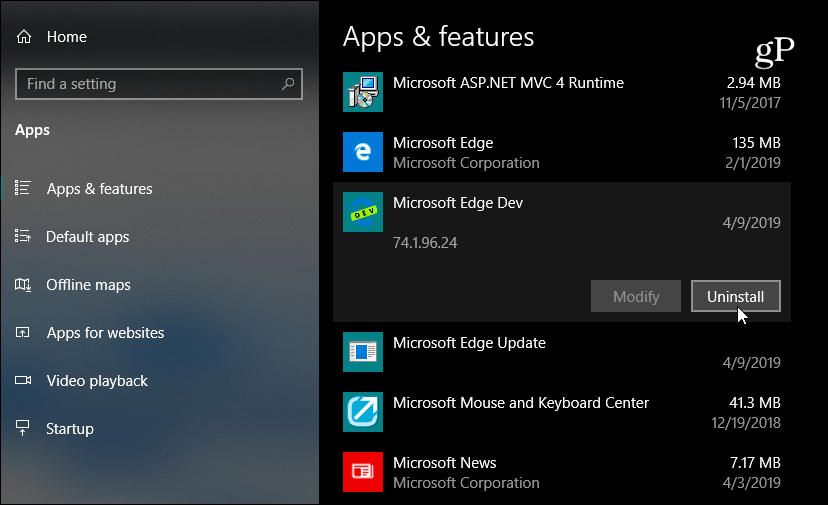 Távolítsa el a Microsoft Edge Dev