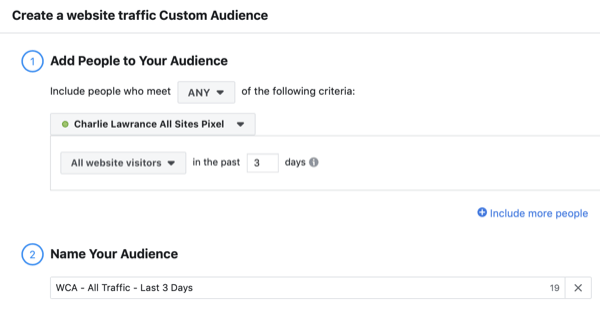 Készítse el a Facebook megjelenésű közönség egyedi webhelylátogatóit, 1. lépés.