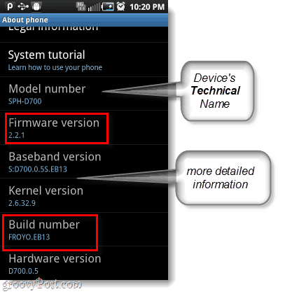 android firmware és build szám, modellszám is