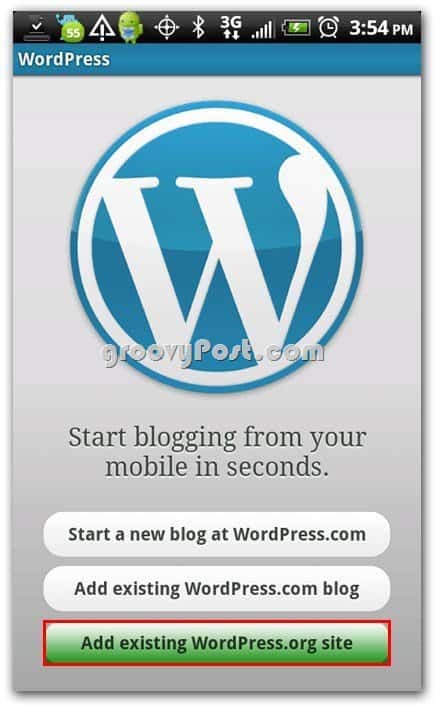 Wordpress az Android beállítómenüben - Meglévő webhely hozzáadása
