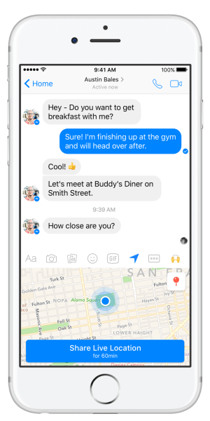 A Facebook Messenger bemutatja az Élő hely funkciót.