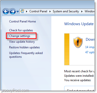 Windows 7 - A Windows Update Configuration Link képernyőképe