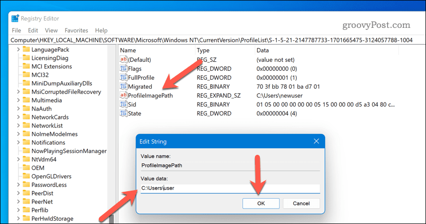 A felhasználói profil elérési útjának átnevezése a Windows 11 regeditben