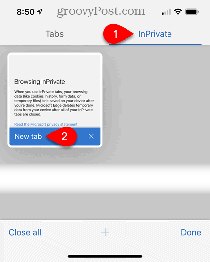 Koppintson az InPrivate elemre, majd az Új lap elemre az Edge for iOS alkalmazásban