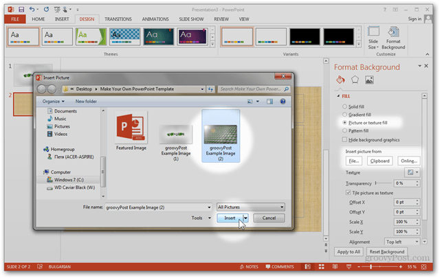 Office 2013 sablon létrehozása POTX testreszabása a dia diák testreszabásához Bemutatója A háttér formázása egyedi kép kép importálása