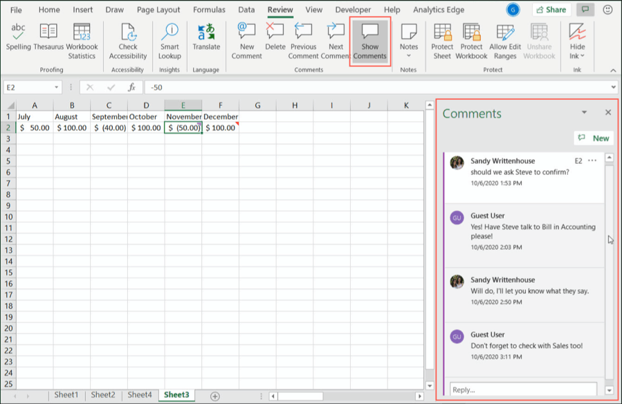 Az összes megjegyzés megjelenítése az Excelben