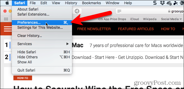 Nyissa meg a Safari> Beállítások menüpontot a Safari for Mac alkalmazásban
