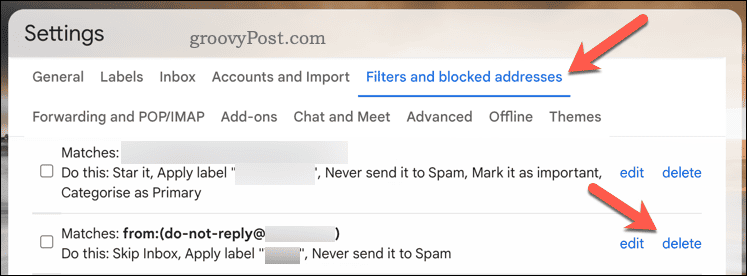 Szűrő törlése gomb a Gmailben