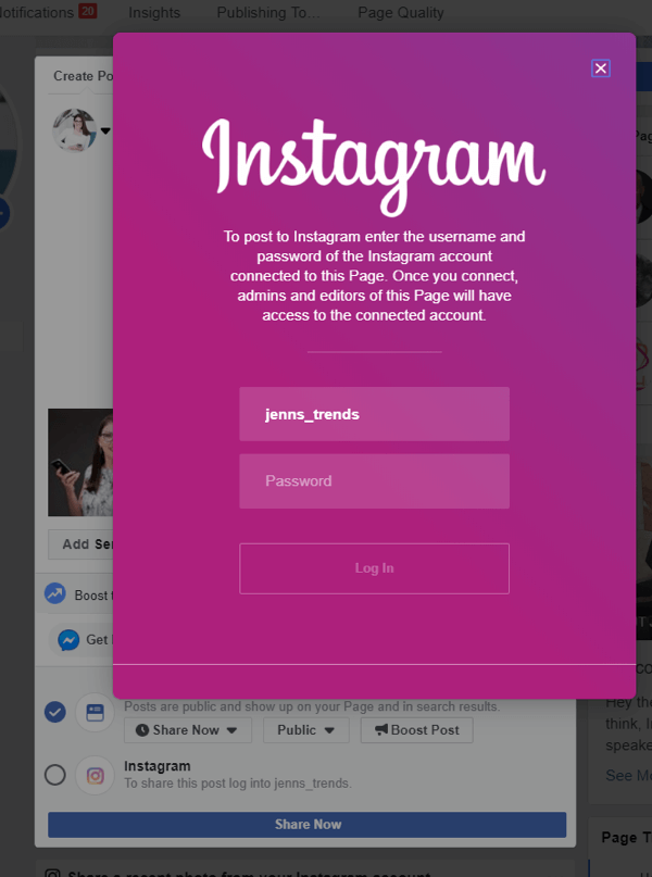 Hogyan kereszthelyezhetünk az Instagramba az asztali Facebook-on, a 4. lépés, jelentkezz be az Instagramba