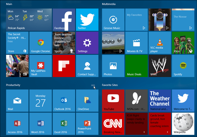 A Windows 10 csempecsoportok a nagy menüből indulnak