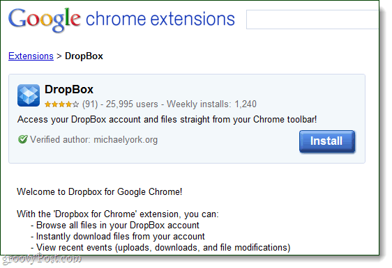 Dropbox a Google Chrome számára, mint a michaelyork.org kiterjesztése