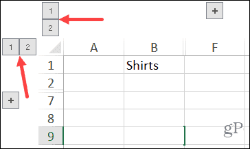 Csoportosított oszlopok és sorok száma gombok Excel Windows