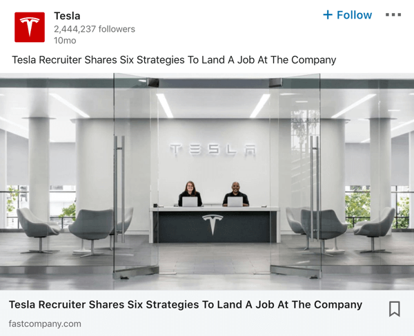 Tesla LinkedIn cégoldali példa.