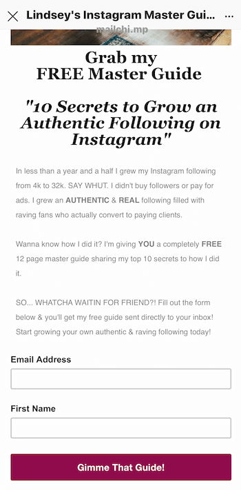 példa az ólommágnes céloldalára, amelyet az Instagram történetben népszerűsítettek