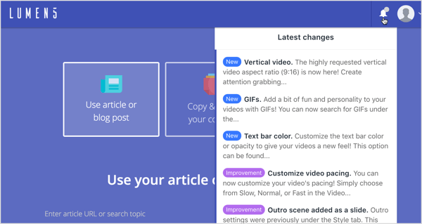 Kattintson az értesítési menüre a Lumen5 legújabb változásairól és fejlesztéseiről.
