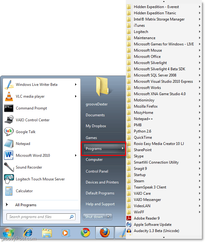 A Windows 7 indítási menüje az xp classic programmal Minden program indítási menüje