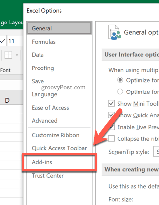 Az Excel kiegészítők lap