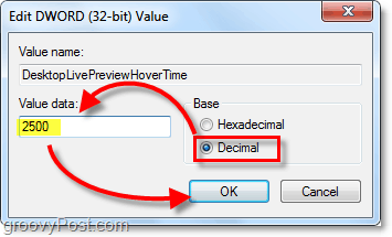 állítsa a kardtulajdonságokat decimálisra, és az adatok értékét 2500-ra a Windows 7 DesktopLivePreviewHoverTime esetén