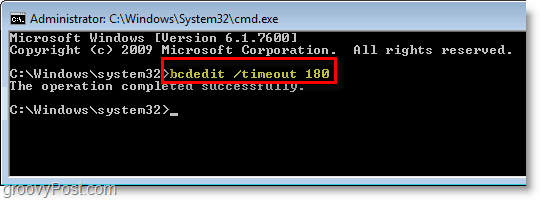 Windows 7 képernyőképe - írja be a bcdedit / timeout 180 parancsot a cmd-be