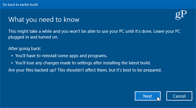 a Windows 10 korábbi verziójára való visszalépés részletei