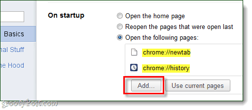 A Chrome indítása Oldalak hozzáadása a megnyitáshoz