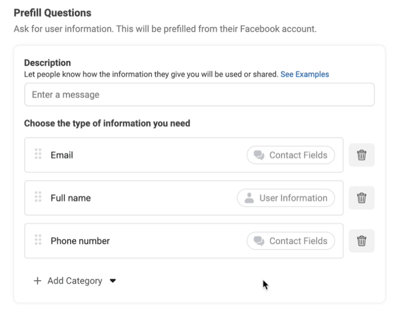 A facebook lead hirdetések új potenciális űrlap opciót hoznak létre, hogy feltöltési kérdéseket adhassanak az e-mail, a teljes név és a telefonszám példáival