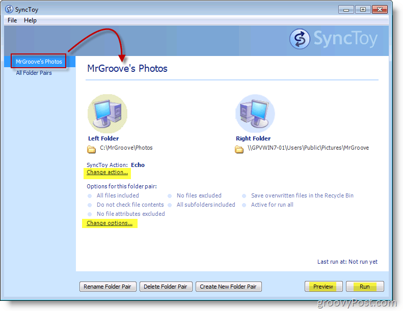 A Microsoft SyncToy főmenü képernyőképe