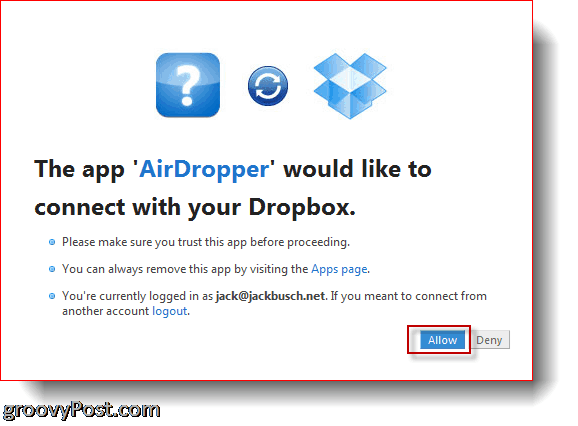 AirDropper Dropbox - csatlakoztassa az alkalmazást a Dropboxhoz