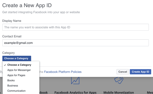 Töltse ki az új Facebook-alkalmazás részleteit.