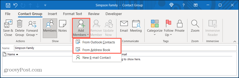 Tagok hozzáadása az Outlook új névjegycsoportjához
